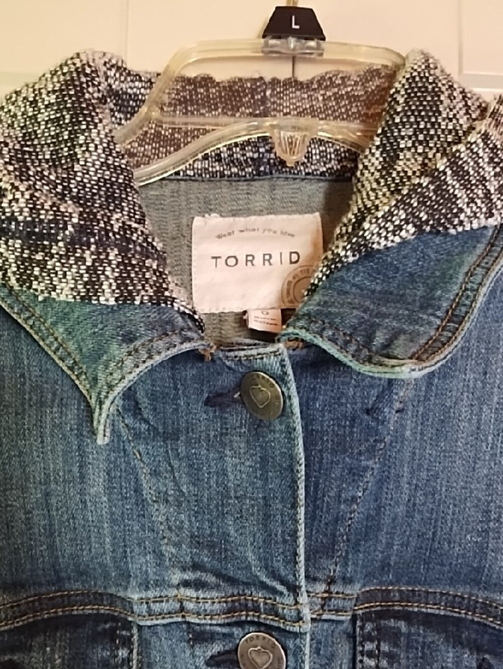torrid Dark Blue Denim Jacket with Marled Gray Knit Hood & Sleeves - Picture 3 of 7